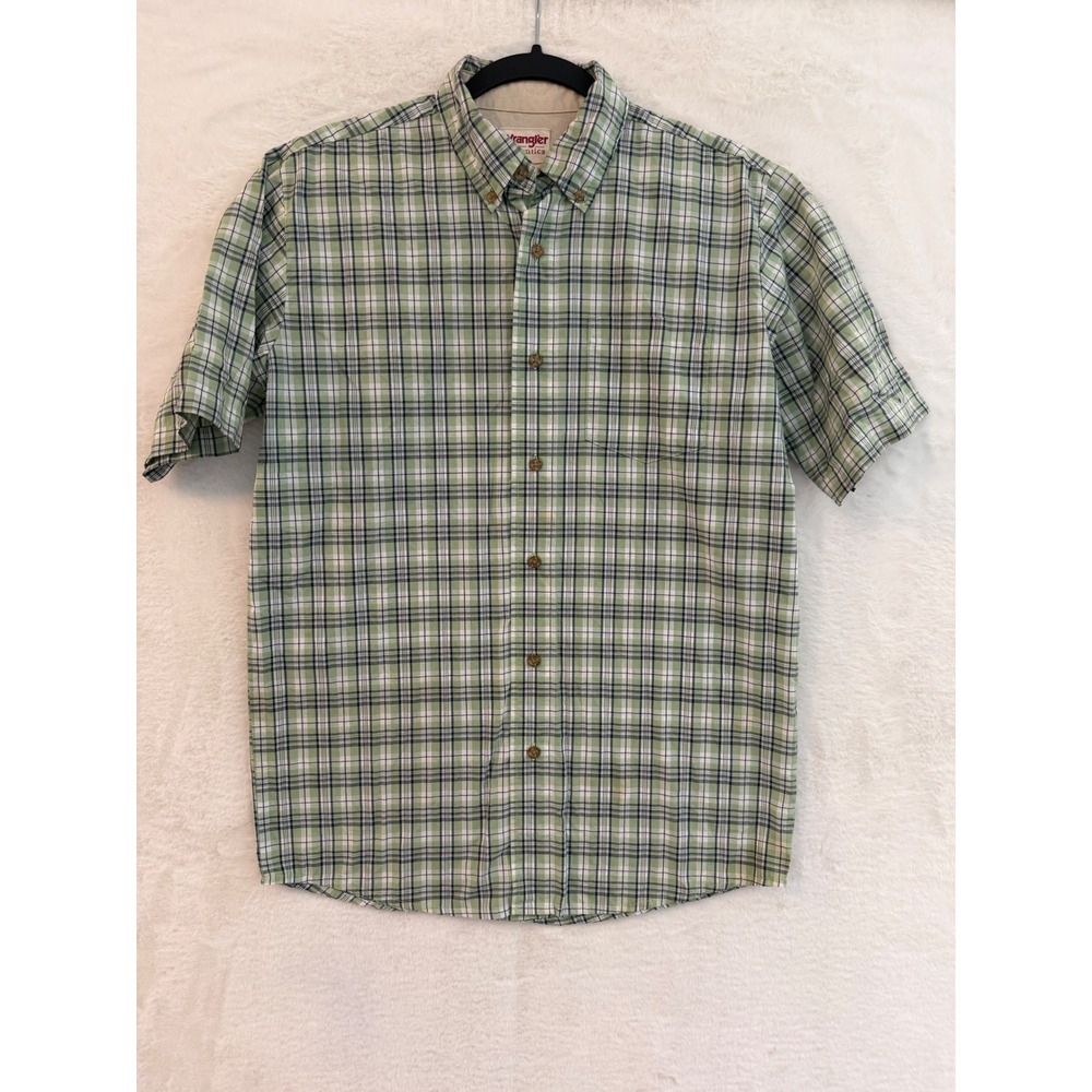 Wrangler Authentics Mens Small Green Plaid Short Sleeve Button Down Shirt Cotton